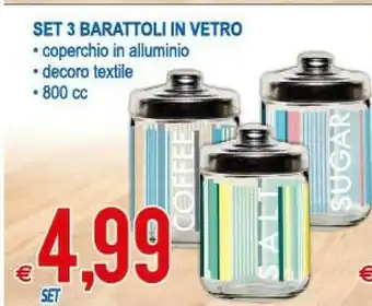 MD Discount Set 3 Barattoli In Vetro Coperchio In Alluminio Decoro Textile offerta