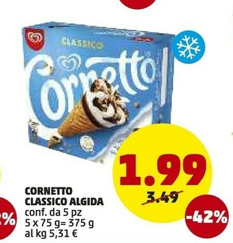PENNY Algida Cornetto Classico Con Latte Fresco Italiano Di Alta Qualità 75 G 375 G(ml) offerta