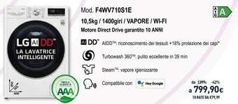 Unieuro LG F4WV710S1E Lavatrice Libera Installazione Caricamento Frontale 10,5 Kg 1400 Giri/min A Bianco offerta