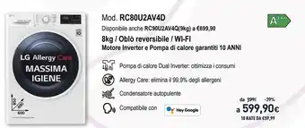 Unieuro LG RC90U2AV4Q Asciugatrice Libera Installazione Caricamento Frontale Bianco 9 Kg A+++ offerta