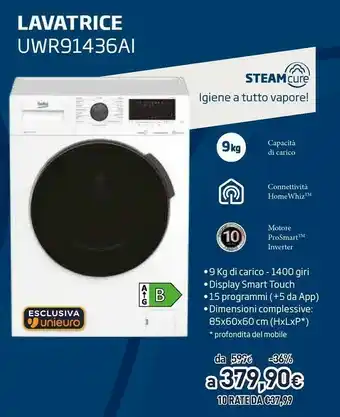 Unieuro Beko Lavatrice A Vapore UWR91436AI, 9 Kg, 1400 Giri/min offerta