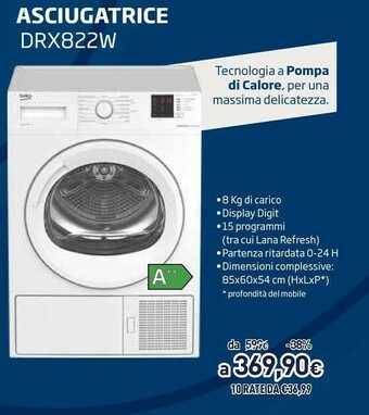 Unieuro Beko DRX822W Asciugatrice Libera Installazione Caricamento Frontale Bianco 8 Kg A++ offerta