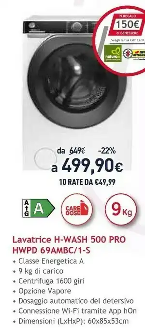 Unieuro Hoover HWPD 69AMBC/1-S Lavatrice Libera Installazione Caricamento Frontale 9 Kg 1600 Giri/min A+++ Bianco offerta