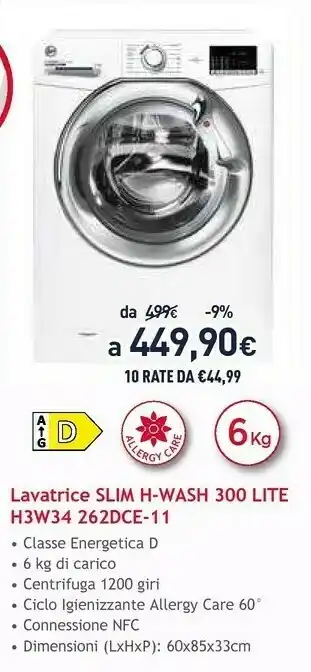 Unieuro Hoover H3W34 262DCE-11 Lavatrice Libera Installazione Caricamento Frontale 6 Kg 1200 Giri/min D Cromo, Bianco offerta