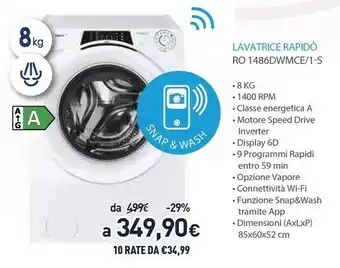 Unieuro Candy RO 1486DWMCE / 1-S Lavatrice Libera Installazione Caricamento Frontale 8 Kg 1400 Giri/min A+++ Bianco offerta