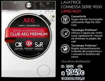 Unieuro Aeg L9FEC962Y Lavatrice Libera Installazione Caricamento Frontale Bianco 9 Kg 1600 Giri/min A+++-65% offerta