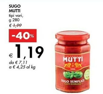 Bennet Mutti Sugo Pomodoro E Basilico 280 G(ml) offerta
