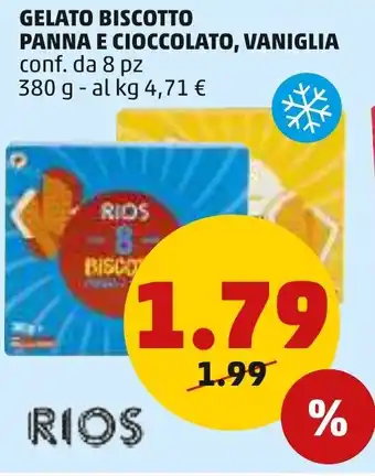 PENNY Rios Gelato Biscotto Panna e Cioccolato, Vaniglia 8 pz 380 g offerta
