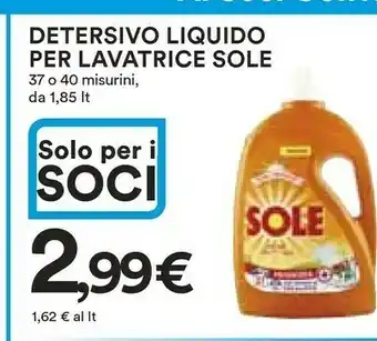 Coop Sole Detersivo Liquido Per Lavatrice 37 O 40 Misurini, Da 1,85 Lt offerta