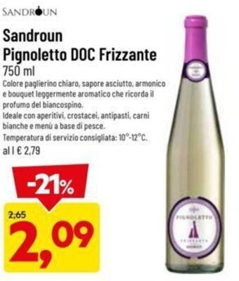 DPiù Sandroun Pignoletto DOC Frizzante 750 ml offerta