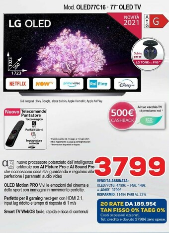 Euronics LG OLED77C16LA TV 195,6 Cm (77") 4K Ultra HD Smart TV Wi-Fi Bianco offerta