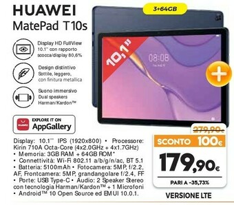 Expert Huawei MatePad T 10s 64 GB 25,6 Cm (10.1") Hisilicon Kirin 3 GB Wi-Fi 5 (802.11ac) EMUI 10.1 Blu offerta