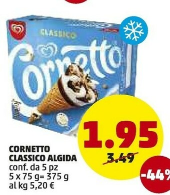 PENNY Algida Cornetto Classico Con Latte Fresco Italiano Di Alta Qualità 75 G 375 G(ml) offerta