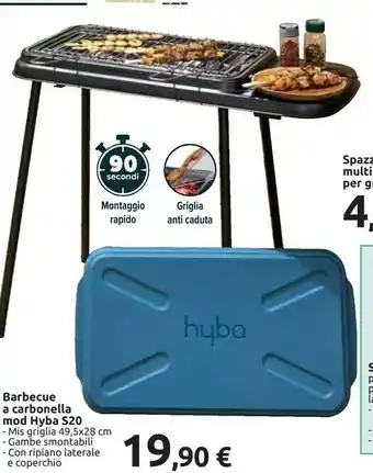 Carrefour Hyba Barbecue A Carbonella Mod S20 - Mis Griglia 49,5x28 Cm / Gambe Smontabili / Con Ripiano Laterale E Coperchio offerta