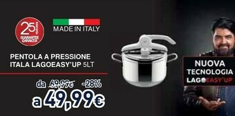 Unieuro Lagostina Pentola A Pressione Itala Lagoeasy'up 5lt Adatta All'induzione, Made In Italy offerta