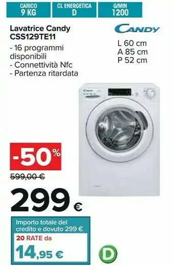 Carrefour Candy CSS129TE-11 Lavatrice Libera Installazione Caricamento Frontale 9 Kg 1200 Giri/min A+++ Bianco offerta