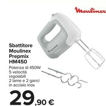Carrefour Moulinex HM450 PrepMix, Sbattitore Elettrico, Potenza Di 450 W, 5 Velocità Regolabili E Un Pulsante Turbo, 2 Lame In Acciaio offerta