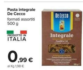 Carrefour De Cecco Fusilli Integrali N°34 500 G(ml) offerta
