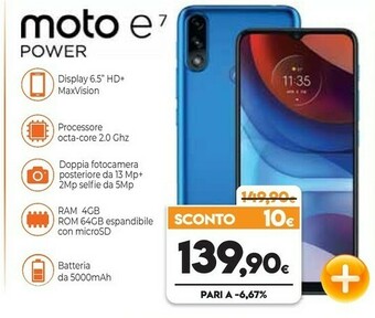 Expert Motorola Moto E7 Power 16,5 Cm (6.5") Dual SIM Ibrida Android 10.0 4G USB Tipo-C 4 GB 64 GB 5000 MAh Blu offerta