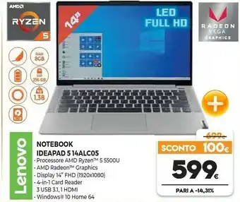 Expert Lenovo IdeaPad 5 14ALC05 Computer Portatile 35,6 Cm (14") 1920 X 1080 Pixel AMD Ryzen 5 8 GB DDR4-SDRAM 512 GB SSD Wi-Fi 6 (8 offerta