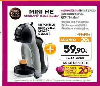 Expert Krups Nescafé Dolce Gusto Mini Me KP123BK Macchina Per Caffè Espresso E Altre Bevande, Manuale, Grigio/Nero offerta