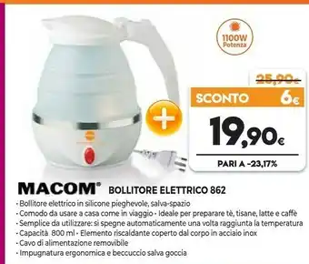 Macom Bollitore Elettrico Pieghevole SalvaSpazio Da Viaggio 0,8 L Bianco 1100 W