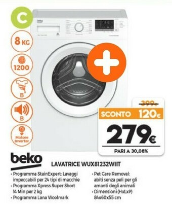 Expert Beko WUX81232WI/IT Lavatrice Libera Installazione Caricamento Frontale 8 Kg 1200 Giri/min C Bianco offerta