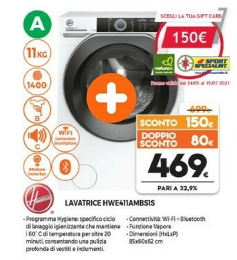 Expert Hoover HWE 411AMBS/1-S Lavatrice Libera Installazione Caricamento Frontale 11 Kg 1400 Giri/min A Bianco offerta