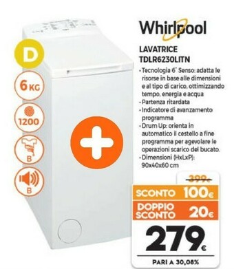 Expert Whirlpool TDLR 6230L IT/N Lavatrice Libera Installazione Caricamento Dall'alto 6 Kg 1200 Giri/min D Bianco offerta