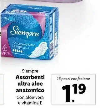 Lidl Siempre Assorbenti Ultra Aloe Anatomico Con Aloe Vera E Vitamina E 16 Pezzi offerta