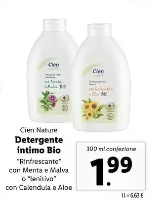 Lidl Cien Nature Detergente Intimo Bio Confezione Rinfrescante Con Menta E Malva O Lenitivo Con Calendula E Aloe 300 Ml offerta