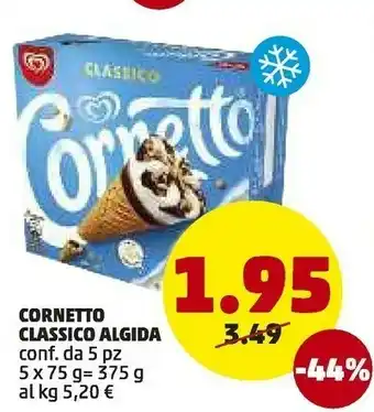 PENNY Algida Cornetto Classico Con Latte Fresco Italiano Di Alta Qualità 75 G 375 G(ml) offerta