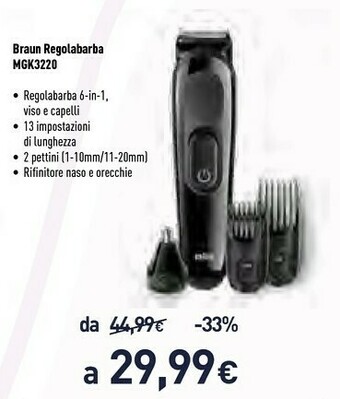 Unieuro Braun MGK3220 KIT 6-In-1 Regolabarba, E Rifinitore Viso, Naso E Orecchie. 5 Accessori. Nero. offerta