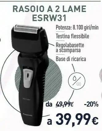 Unieuro Panasonic ES-RW31, Rasoio Elettrico, 2 Lame, Tagliabasette, Wet&Dry offerta