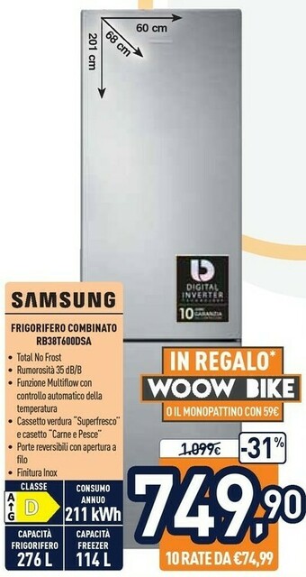 Unieuro Samsung RB38T600DSA Frigorifero Con Congelatore Libera Installazione 385 L D Argento offerta