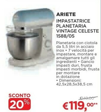 Coop Ariete Impastatrice Planetaria Vintage Celeste 1588/05 offerta