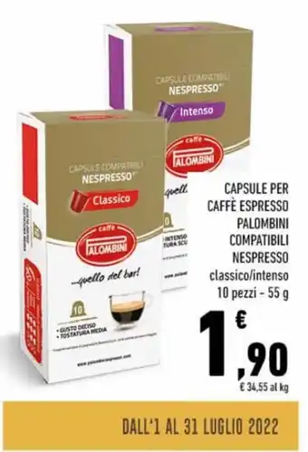 Conad Nespresso Capsule per Caffè Espresso Palombini Compatibili classico/intenso 10 pezzi 55 g offerta