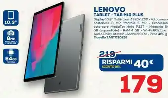 Euronics Lenovo Tab M10 FHD Plus 64 GB 26,2 Cm (10.3") Mediatek 4 GB Wi-Fi 5 (802.11ac) Grigio offerta