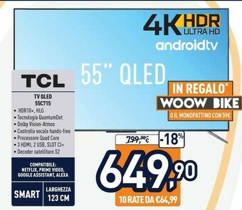 Unieuro TCL 55C715 TV 139,7 Cm (55") 4K Ultra HD Smart TV Wi-Fi Titanio offerta