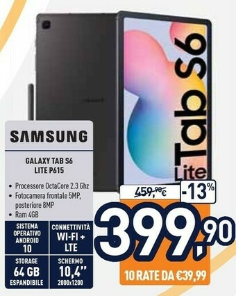 Unieuro Samsung Galaxy Tab S6 Lite SM-P615N 4G LTE 128 GB 26,4 Cm (10.4") Exynos 4 GB Wi-Fi 5 (802.11ac) Android 10 Blu offerta
