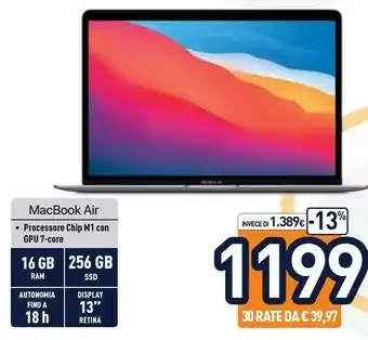 Unieuro Apple MacBook Air 13" (Chip M1 Con GPU 7-core, 256GB SSD, 8GB RAM) - Argento (2020) offerta