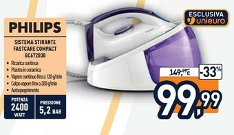 Unieuro Philips FastCare Compact Ferro Generatore Vapore GC6720/30, Fino A 5,2 Bar Di Pressione Della Pompa offerta