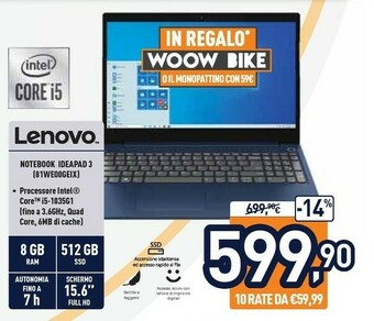 Unieuro Lenovo IdeaPad 3 Computer Portatile 39,6 Cm (15.6") 1920 X 1080 Pixel AMD Ryzen 3 8 GB DDR4-SDRAM 512 GB SSD Wi-Fi 5 (802.11a offerta