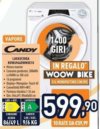 Unieuro Candy ROW4964DWMSE/1-S Caricamento Frontale Libera Installazione Bianco A offerta
