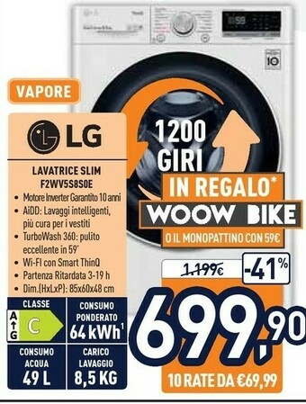 Unieuro LG F2WV5S8S0E Lavatrice Libera Installazione Caricamento Frontale 8,5 Kg 1200 Giri/min C Bianco offerta
