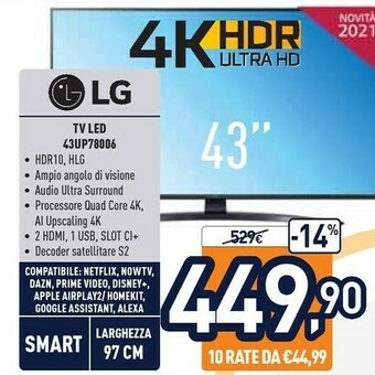 Unieuro LG 43UP78006LB 109,2 Cm (43") 4K Ultra HD Smart TV Wi-Fi Grigio offerta