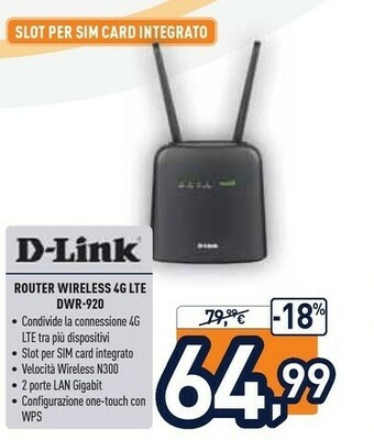 Unieuro D-Link Router Wireless 4G LTE DWR-920 offerta