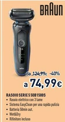 Unieuro Braun Series 5 50-B1500s Rasoio Elettrico Uomo Con Regolabarba, Blu offerta