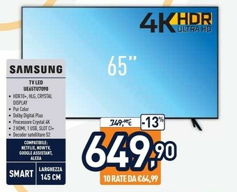 Unieuro Samsung Series 7 UE65TU7090U 165,1 Cm (65") 4K Ultra HD Smart TV Wi-Fi Nero offerta