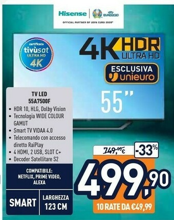 Unieuro Hisense A7500F 55A7500F TV 139,7 Cm (55") 4K Ultra HD Smart TV Wi-Fi Nero offerta